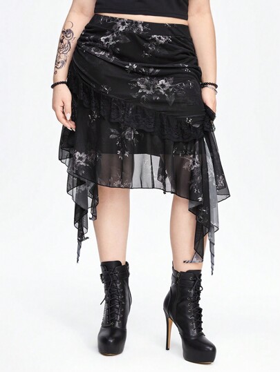 Goth Falda asimétrica con encaje de rosa impreso y diseño de dobladillo de volantes para mujeres de talla grande