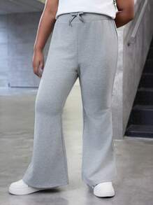 SHEIN Tween 女童加大码休闲春夏纯色针织喇叭裤 - 灰色 - 查看 1