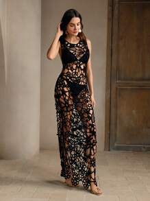 Anewsta SHEINxMelMaia Elegant Floral Crochet Style Women's Beach Holiday Outfit, Women's Summer Outfit, Women's Spring Clothing, Valentine's Day Dress, Elegant Party Dress, Beach Outfit, Holiday Outfit, Women's Floral Dress, Women's Party Dress, Summer Dress - Black - View 4