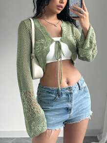 SHEIN Unity Cárdigan corto de punto calado de unicolor de verano casual para mujer, top de manga larga - Verde - Ver 3