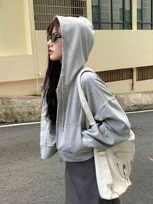 Casual Loose Solid Color Hoodie, Spring/Autumn - Grey - View 6