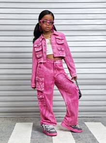 SHEIN Explorewe Conjunto de roupa de vento e Denim legal e fofo para meninas pré-adolescentes - Rosa chiclete - Visão 4