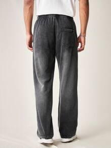 Manfinity VCAY 男士简约宽松针织休闲裤纯色直筒长款抽绳运动裤纯棉我的时代纯色深灰色时尚 - 黑色 - 查看 2