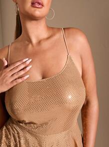 SHEIN BAE Plus Size Nữ Mùa Hè Suspender Dự Tiệc Sáng Bóng Dây Sau A-Plunge Đầm Ngắn - Màu Khaki - Xem 6
