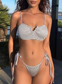 SHEIN Swim Conjunto de bikini de unicolor con escote halter y tanga sexy para mujeres, perfecto para vacaciones de verano