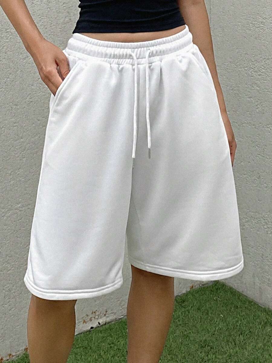DAZY Shorts décontractés pour femmes, couleur unie, taille élastique avec cordon de serrage pour l'été - Blanc - Voir 1