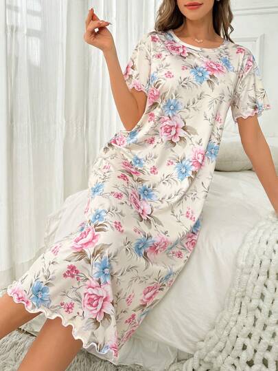 Bloemen Print Crew Neck Short Sleeve Shirt Sleep Dress Pajama Dress, Moo view 3