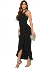 Women's Formal Mermaid Cocktail Dress With Ruffle Hem And Split, Elegant Wedding Guest Dress - Black - View 4