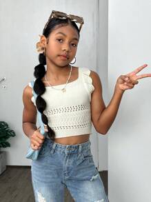 Firerie Kids Firerie Kids Tween Girl Vacation Casual Spring/Summer Knit Perforated Camisole Top - Apricot - View 2