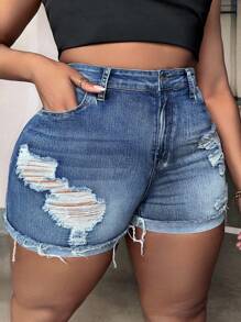 SHEIN CURVE+ Plus Size Nữ Đau Khổ Miếng Dán Cường Lực Viền Sờn Quần Short Denim Thường Ngày Có Túi - Rửa trung bình - Xem 3