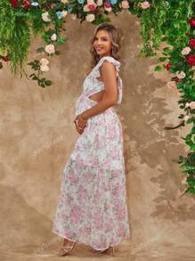 Joyfunear Maternity Vacation Casual Backless Long Floral Dress With Ruffle Hem And Tie-Up Details