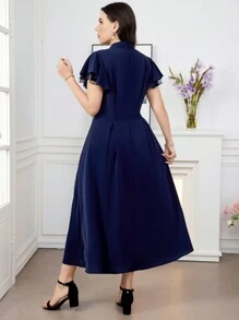 Modelyn 優雅純色蕾絲修邊連衣裙，適用於大尺碼女性，夏季 - 藏蓝色 - 查看 3