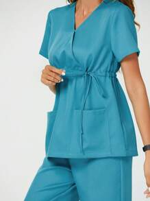 TaskEZ 帶口袋和褲子的束口V領純色短袖上衣組套裝 - 藍色 - 查看 3