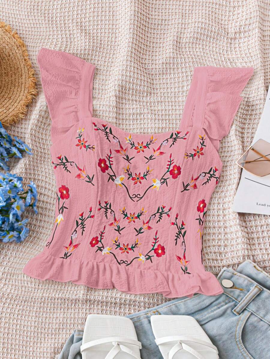 SHEIN Dreamara Vacation Leisure Embroidered Ruffle Trim Sleeveless Shirt