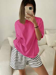 DAZY Women's Simple Loose T-Shirt And Striped Shorts Combination Home Clothing Set, Outfits Pajama