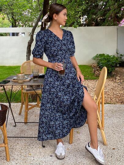 DAZY 女士随机印花简约日常V领夏季连衣裙碎花吊带裙度假装