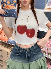 INAWLY Women's Cherry Printed Y2k Short Sleeve Slim Fit T-Shirt - White - View 3
