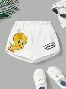 LOONEY TUNES X SHEIN Shorts casuales deportivos blancos con estampado de Piolín para niña joven - Blanco - Ver 1