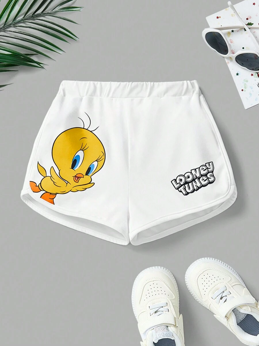 LOONEY TUNES X SHEIN Shorts casuales deportivos blancos con estampado de Piolín para niña joven - Blanco - Ver 1