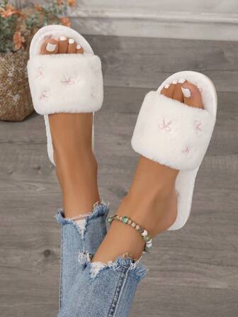 Pantuflas de mujer con bordado de lazo para otoño/invierno, pantuflas de interior mullidas para todas las estaciones, pantuflas planas de mujer de una correa, pantuflas para el piso del hogar