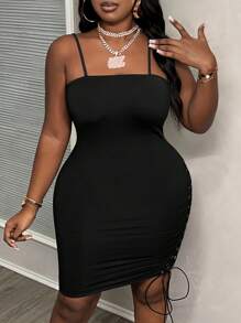Slaydiva Plus Size Summer Casual Solid Color Spaghetti Strap Dress - Black - View 2