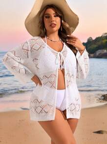 SHEIN Swim Curve Plus Size Summer Beach Solid Color Hollow Knitted Kimono - White - View 1