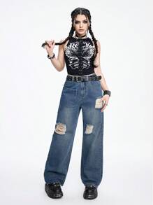 ROMWE Grunge Punk Star Wing Vine Embroidered Rhinestone Wide Leg Jeans For Women - Blue - View 3