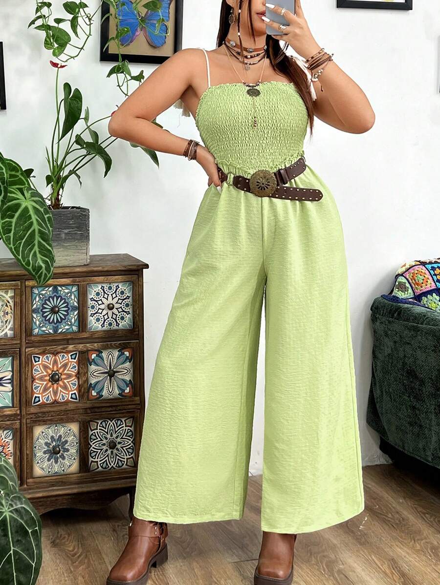 Flirla 大碼休閑紋理帶狀連身褲