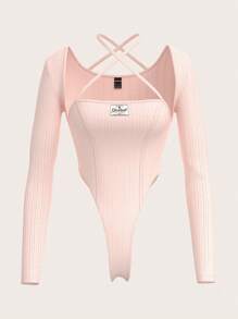 SHEIN ICON Body de manga larga para mujer de unicolor con tirantes cruzados en el cuello y parche decorativo - Rosa - Ver 1