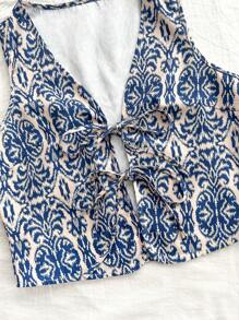 Soleia 无袖蓝白系带上衣，度假的完美选择，女式波西米亚风 V 领常规版型蓝白全印花，花卉，女式上衣，春季/秋季，休闲日常穿着