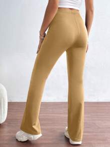 SHEIN Essnce 女士純色簡約風休閒打底褲，適用於日常穿著 - 卡其色 - 查看 2