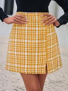 EURMUSE 女式格子開衩裙