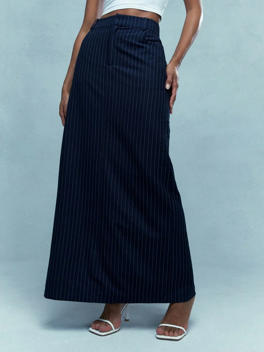 MISSGUIDED Tailored Pinstripe Maxi Skirt With Back Slit - Blue - View 1