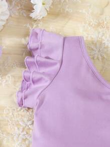 SHEIN 2 piezas/Set Parte superior con cuello asimétrico con estampado de flores y pantalones para niña joven, perfecto para vacaciones - Morado - Ver 3