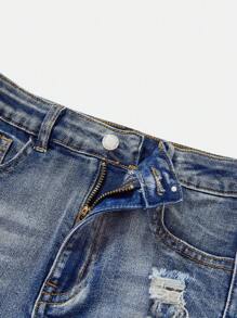 SHEIN Girlism Tween女孩夏季休閒石洗損壞破洞捲邊磨邊牛仔短褲