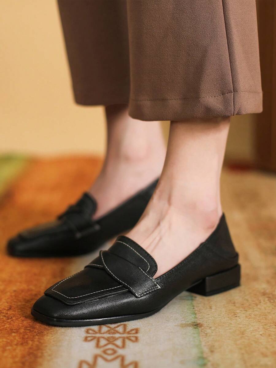 Fall/Winter Women's Flat Loafers, Square Toe Chunky Heel -On Mules, Casual College Style Leather Shoes - Black - View 1