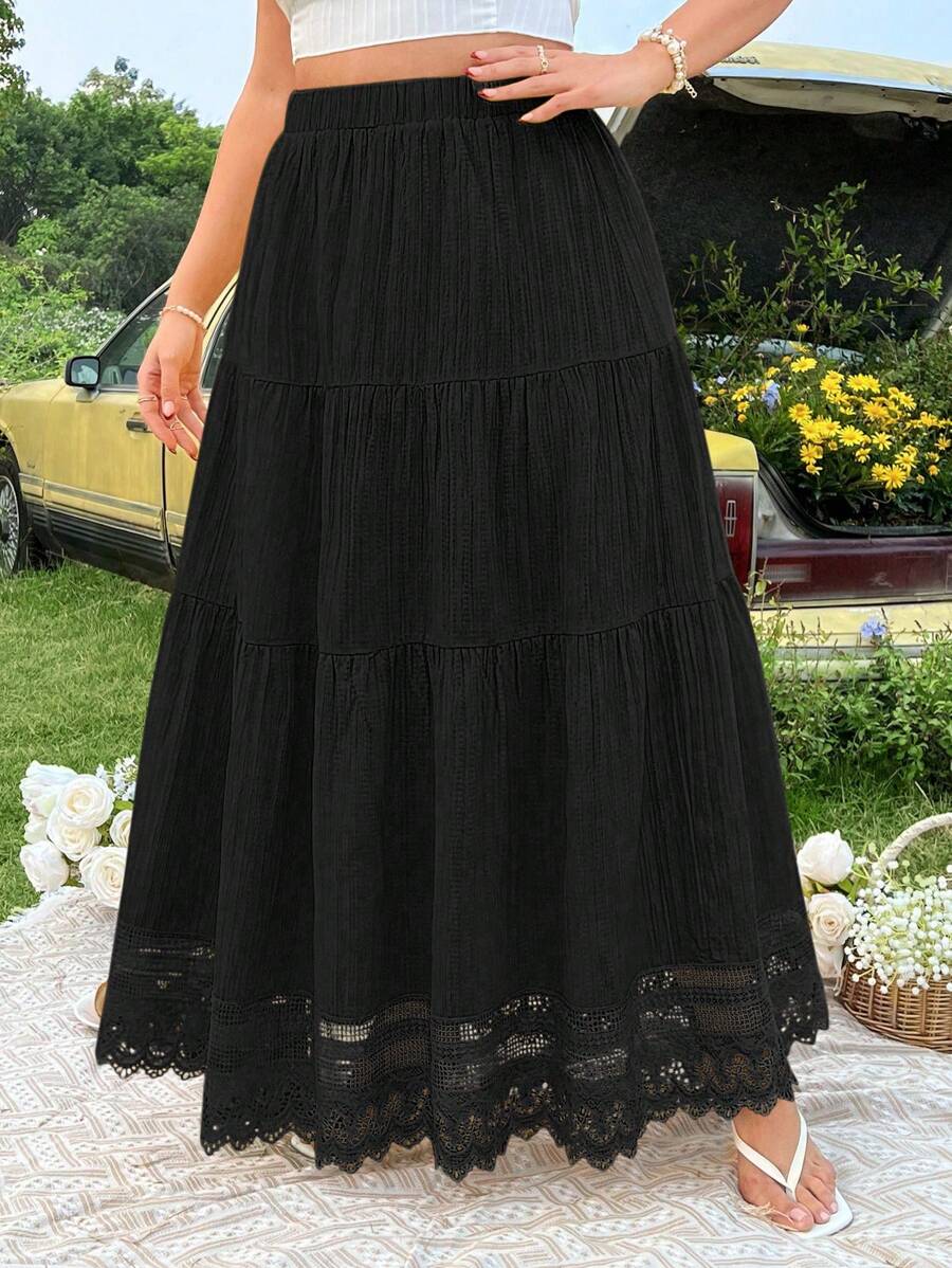 SHEIN LUNE Plus Size Women's Solid Color Simple Daily Contrast Lace Skirt - Black - View 1