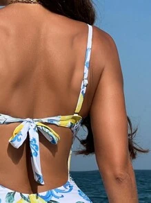 Swim Vcay Einteiliger Badeanzug mit Knotenschulterriemen und Fruchtdruck für Strandurlaub im Sommer