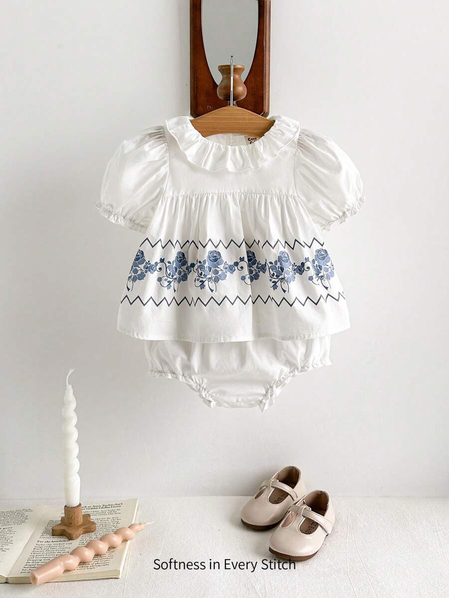 Cozy Pixies Baby Girl Floral Pattern Peter Pan Collar Ruffle Puff Sleeve Pullover Top & Bloomer Shorts Set - White - View 1