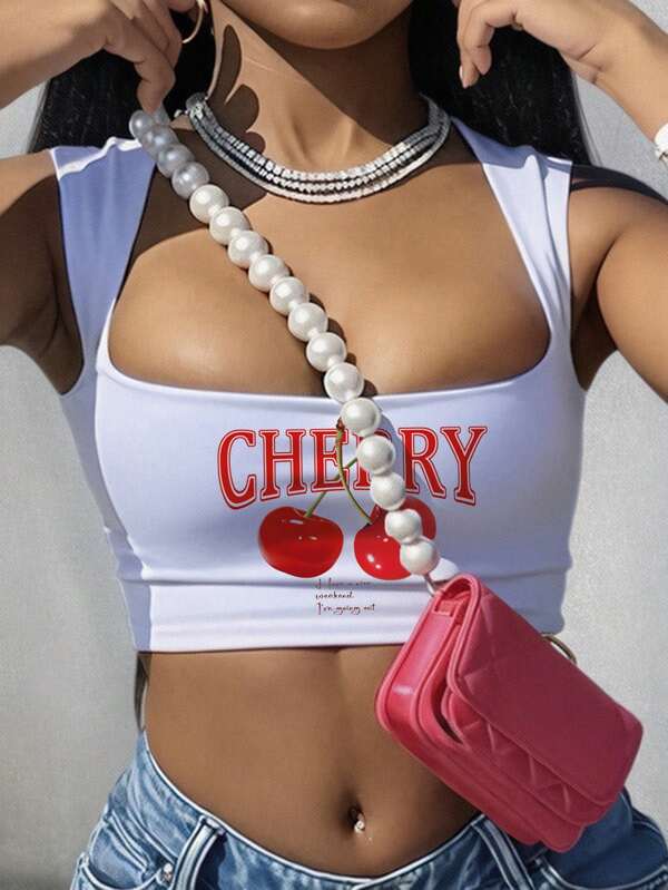Slaydiva Casual Minimalist Cherry Print Crop Camisole Tank Top For Women, Suitable For Summer Back To School