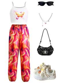 Teen Girl Butterfly Printed Summer Tank Top And Casual Tapered Pants Two-Piece Set