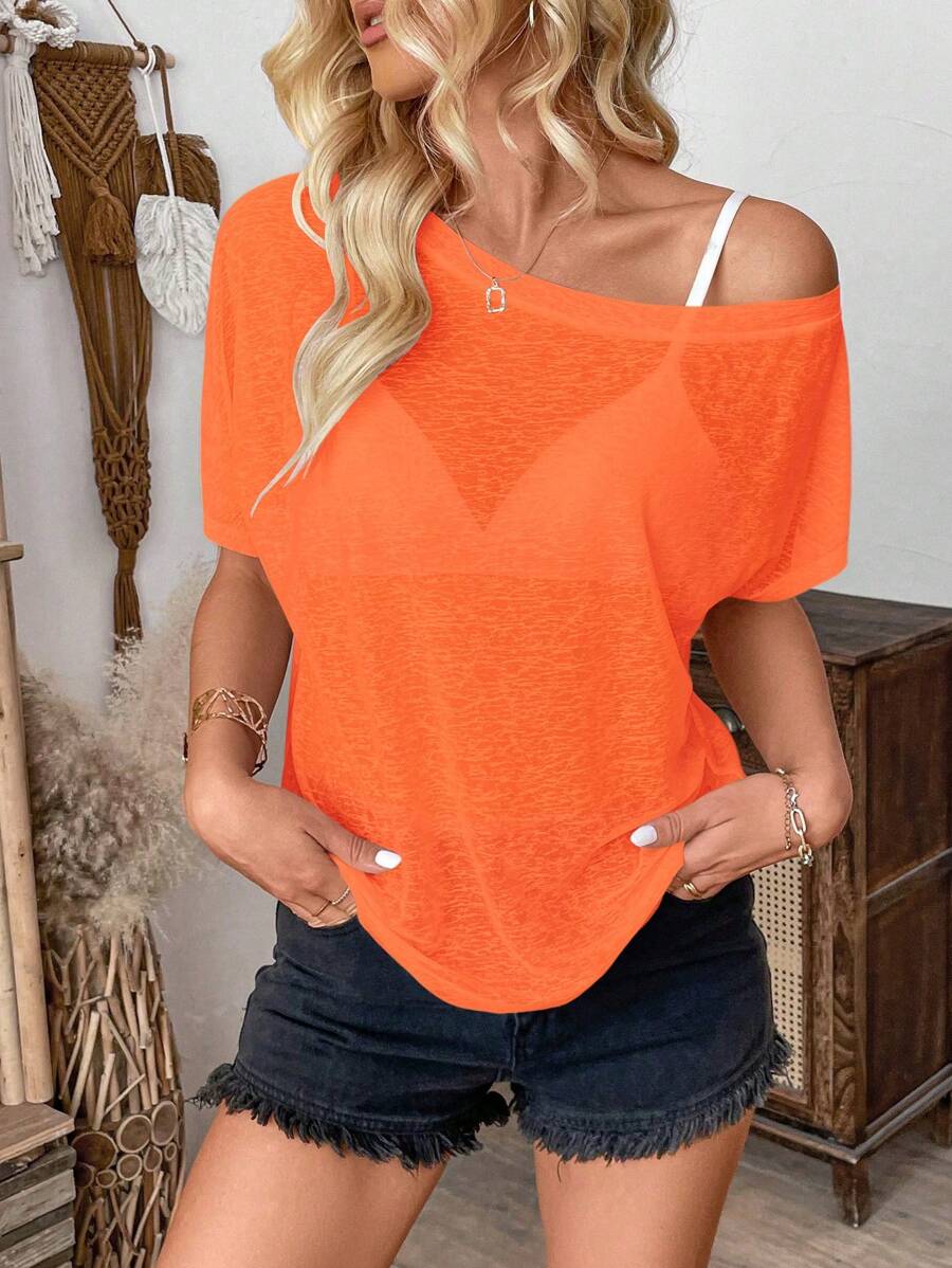 Breezaya Áo trễ vai nữ tay cánh dơi mùa hè thường ngày - trái cam - Xem 1