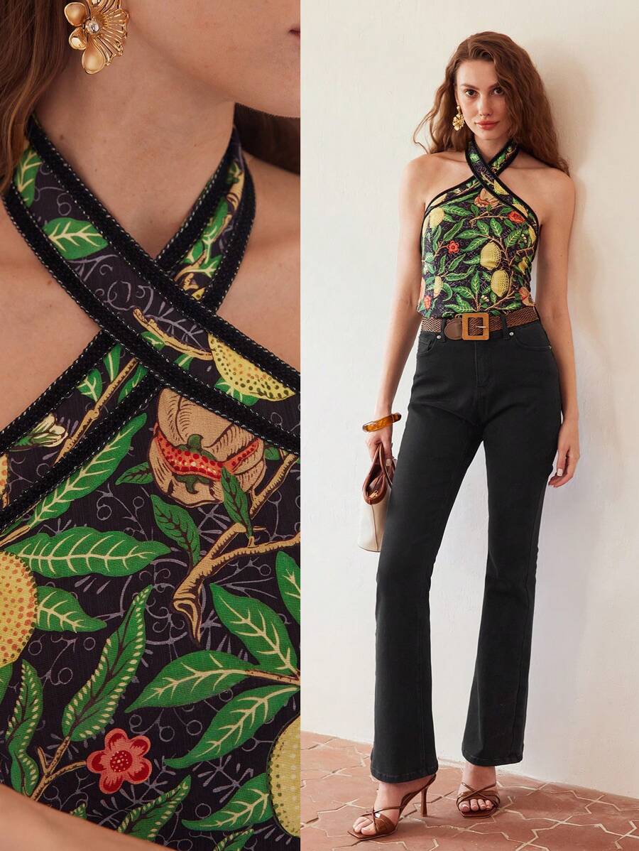 MOTF PREMIUM PLANTS PRINT CRISSCROSS HALTER TOP
