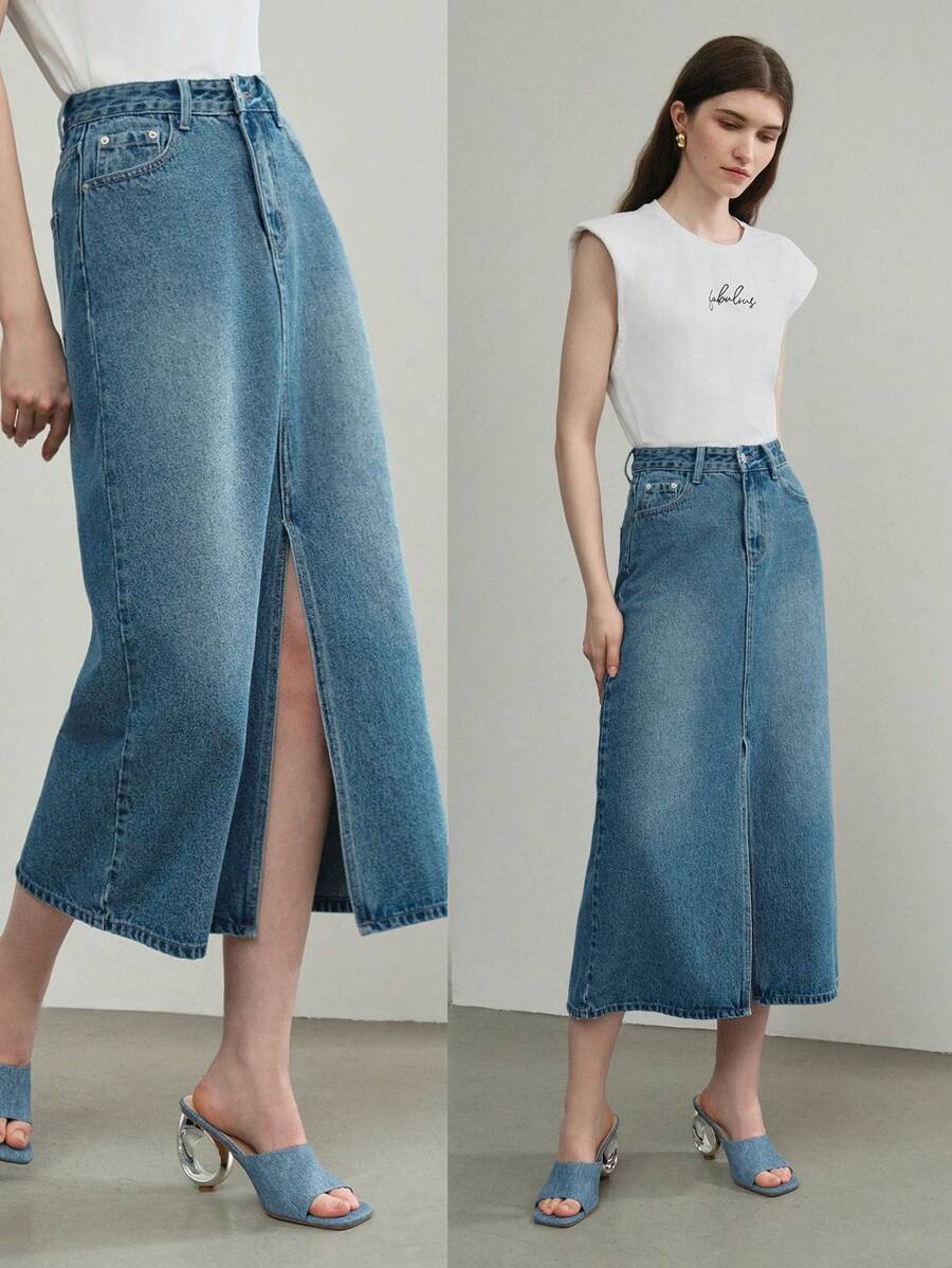 MOTF STUDIO VÁY DENIM CHIA THẲNG TRƯỚC