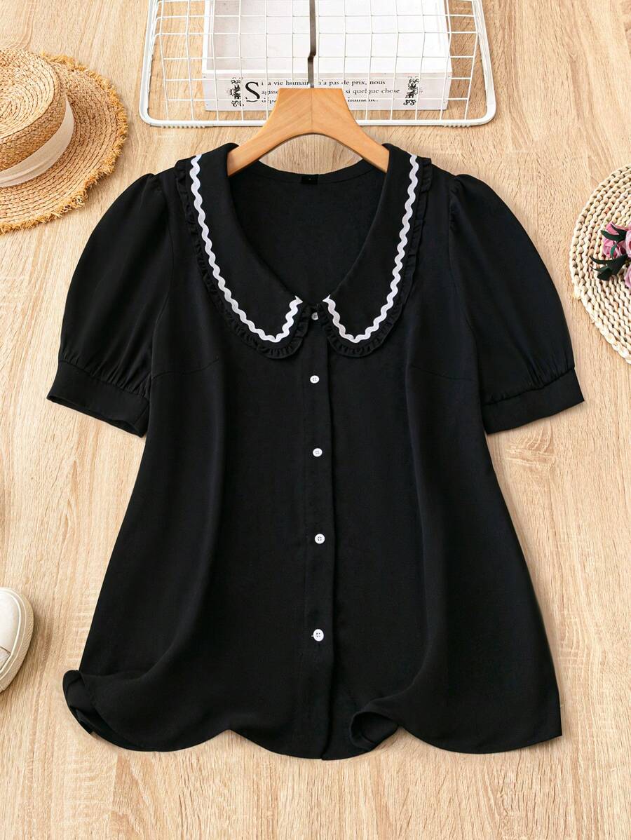 Mulvari Plus Size Women's Solid Color Simple Daily Peter Pan Collar Shirt