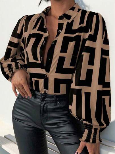 SHEIN Clasi Plus Size Women's Retro Maze Print Lantern Sleeve Blouse Women Shirt Fall Cloth For Women