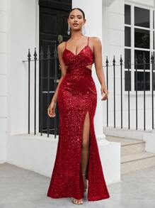 SHEIN Belle 华丽性感闪光亮片露背细肩带女士领带晚礼服（厚重款式）派对礼服婚礼宾客礼服正式礼服 - 紅色 - 查看 7