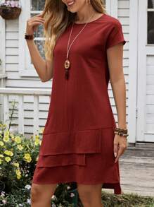 EMERY ROSE Women's Summer Multi-Hem Round Neck Short Sleeve Dress - Burgundy - View 5