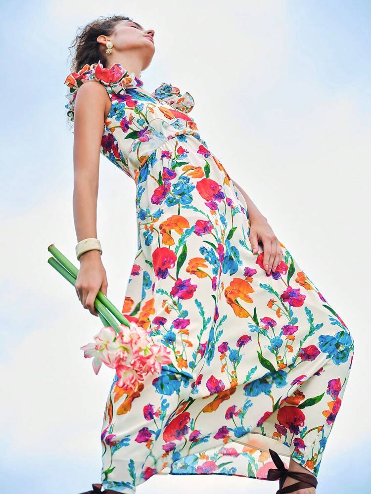 MOTF X MARIA-VICTORIA CHECA ALLOVER FLORAL PRINT V-NECK RUFFLE TRIM DRESS