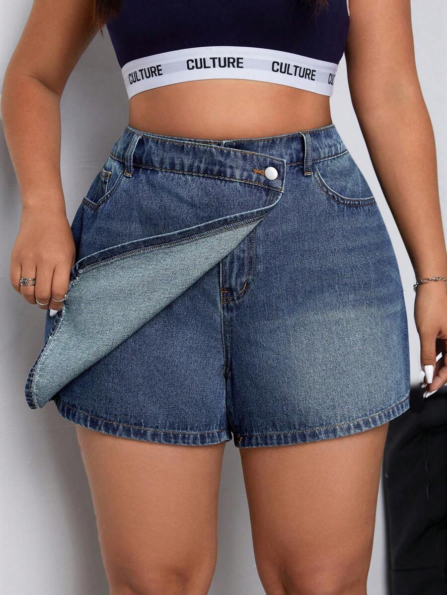 SHEIN EZwear 女性加大號純色休閒牛仔短褲，日常穿著 - 中等水洗藍 - 查看 1